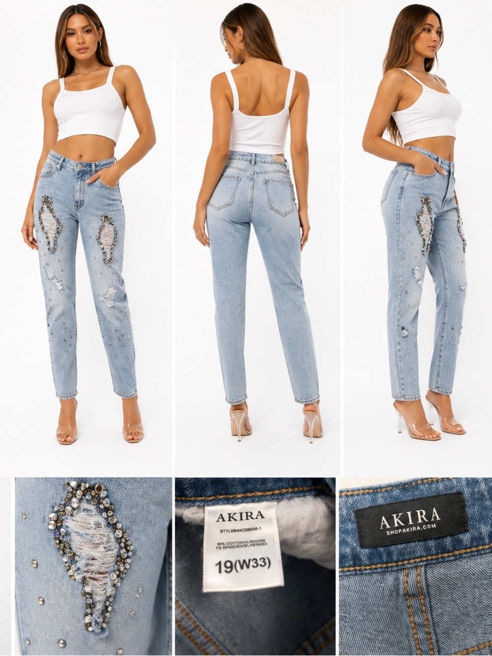 AKIRA Embellished Distressed Jeans Size 19 (W33) Rhinestone Studded Light Wash